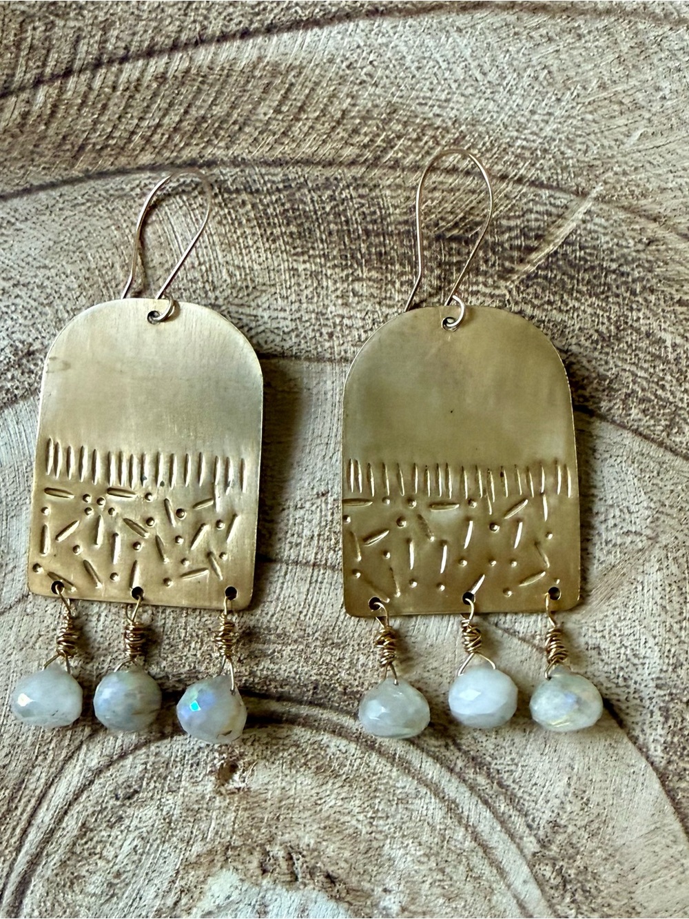 One of a kind Handcrafted Brass Dangle Earrings with Moonstone Drops